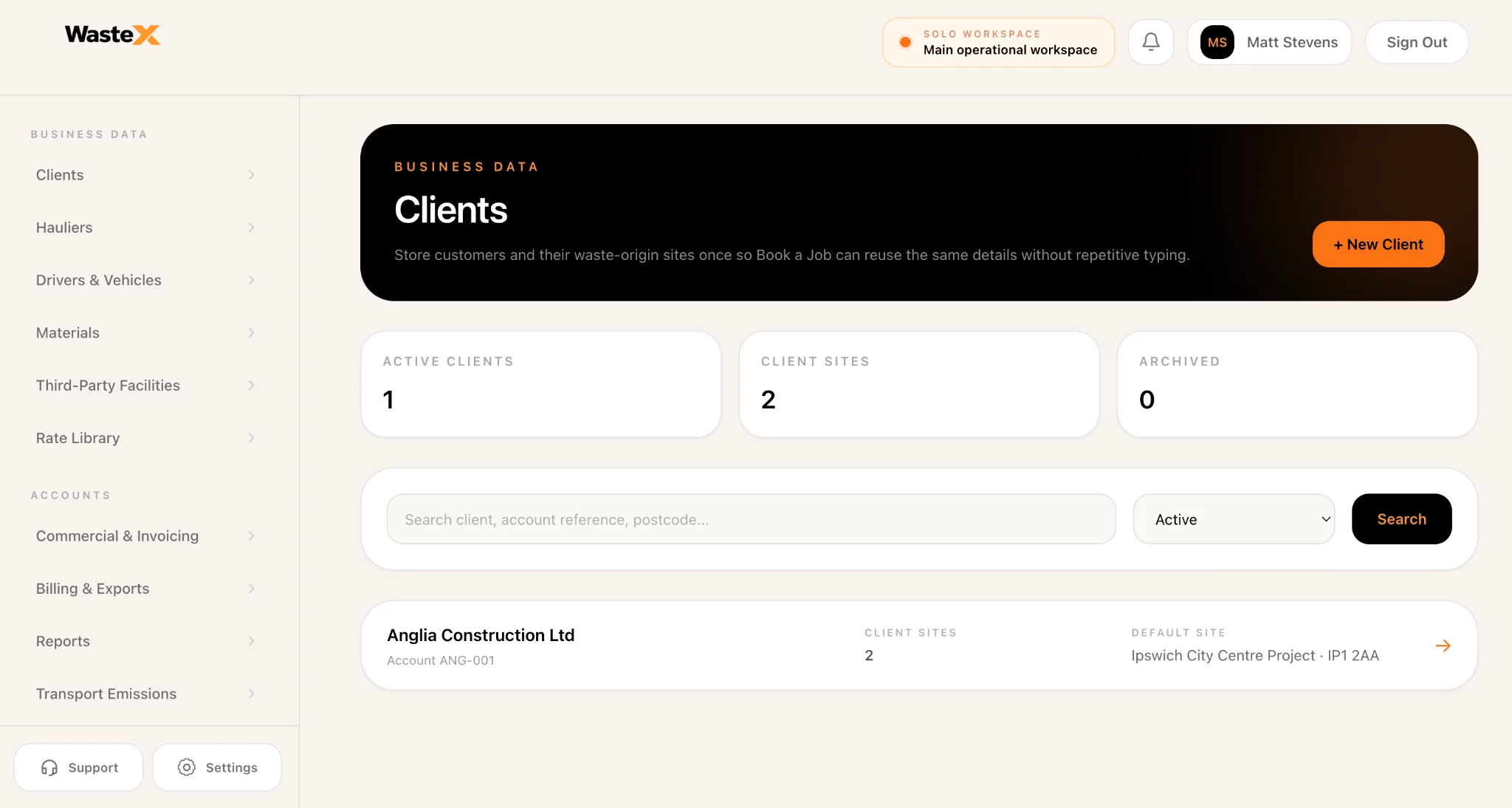 Waste X client and site management screen