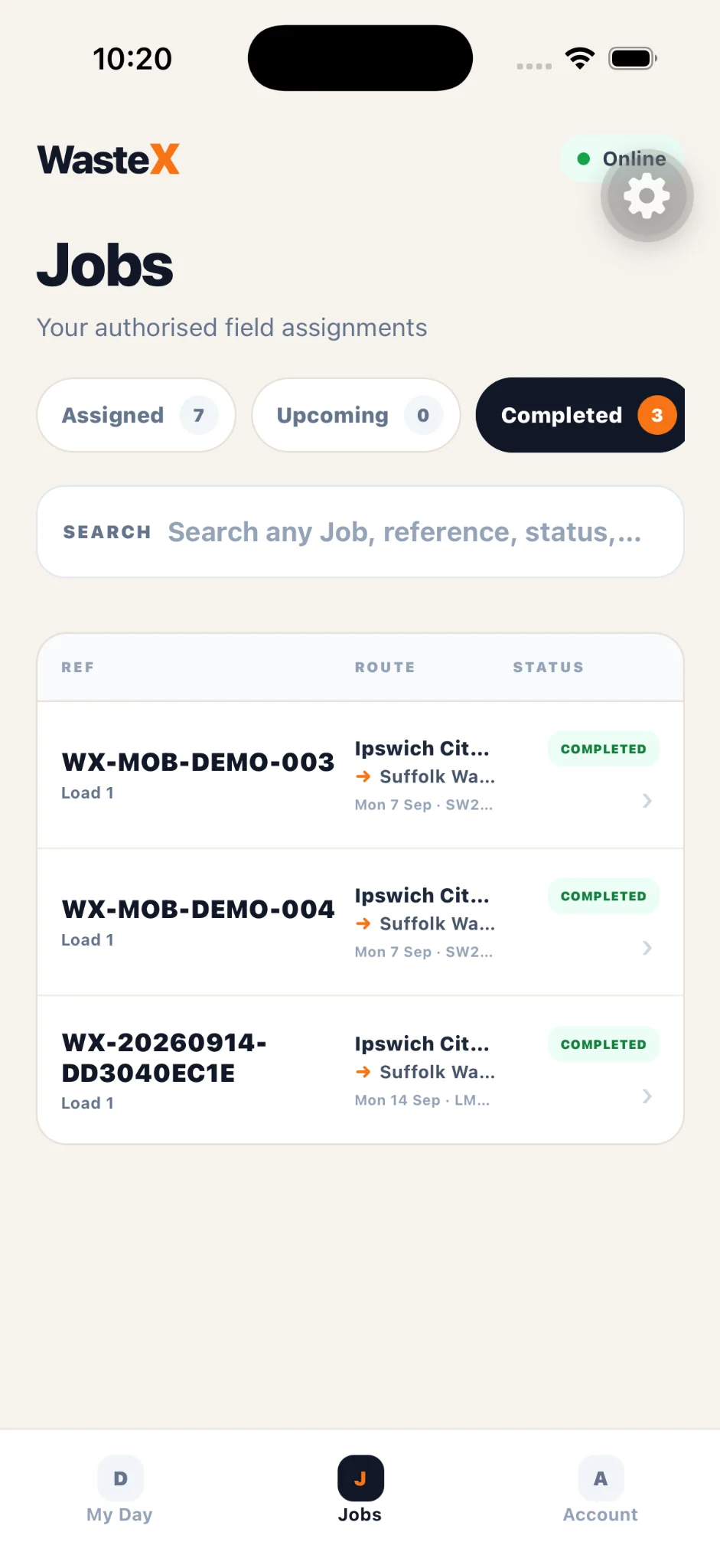 Waste X mobile app jobs screen