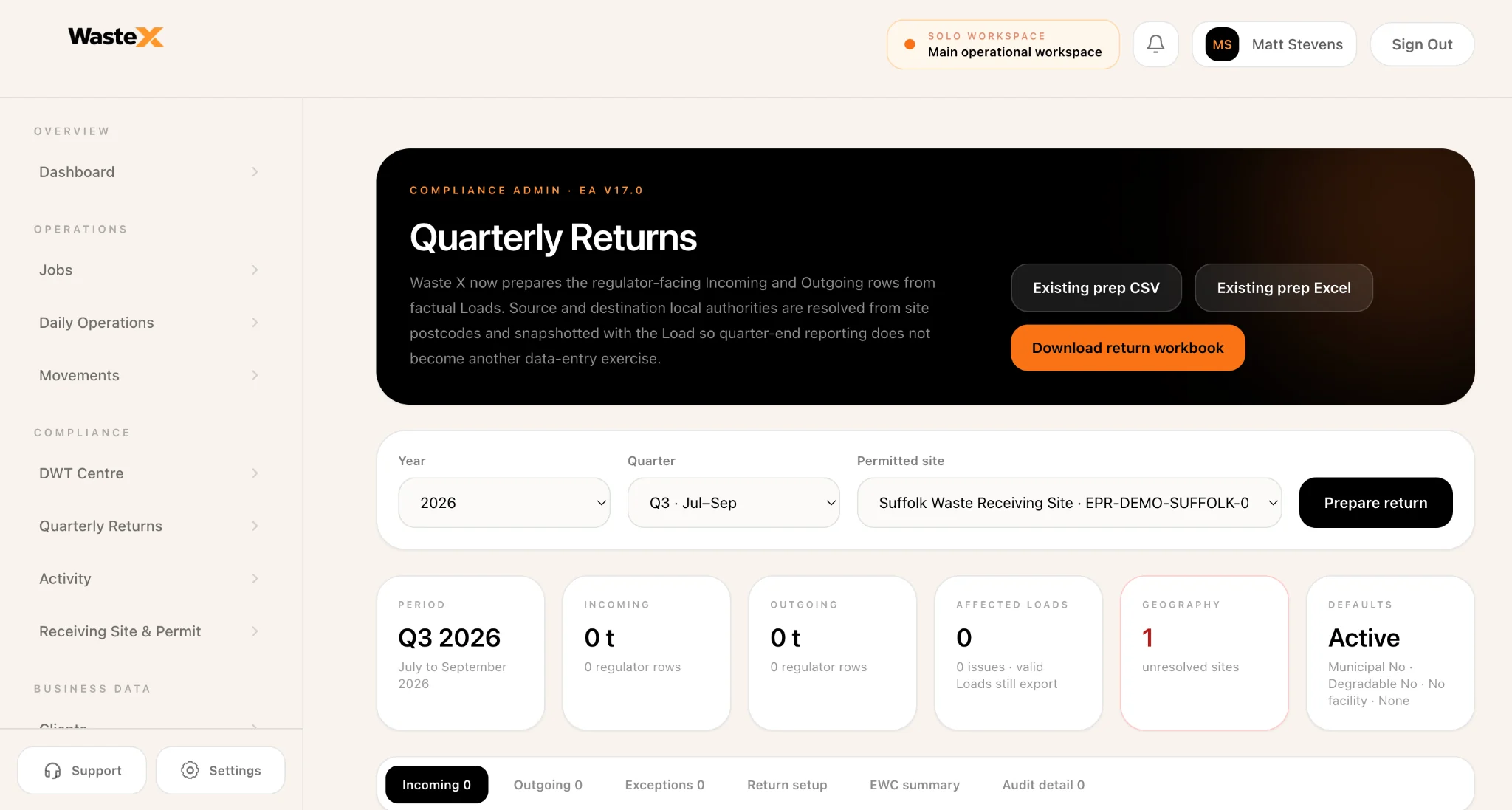 Waste X quarterly waste returns screen