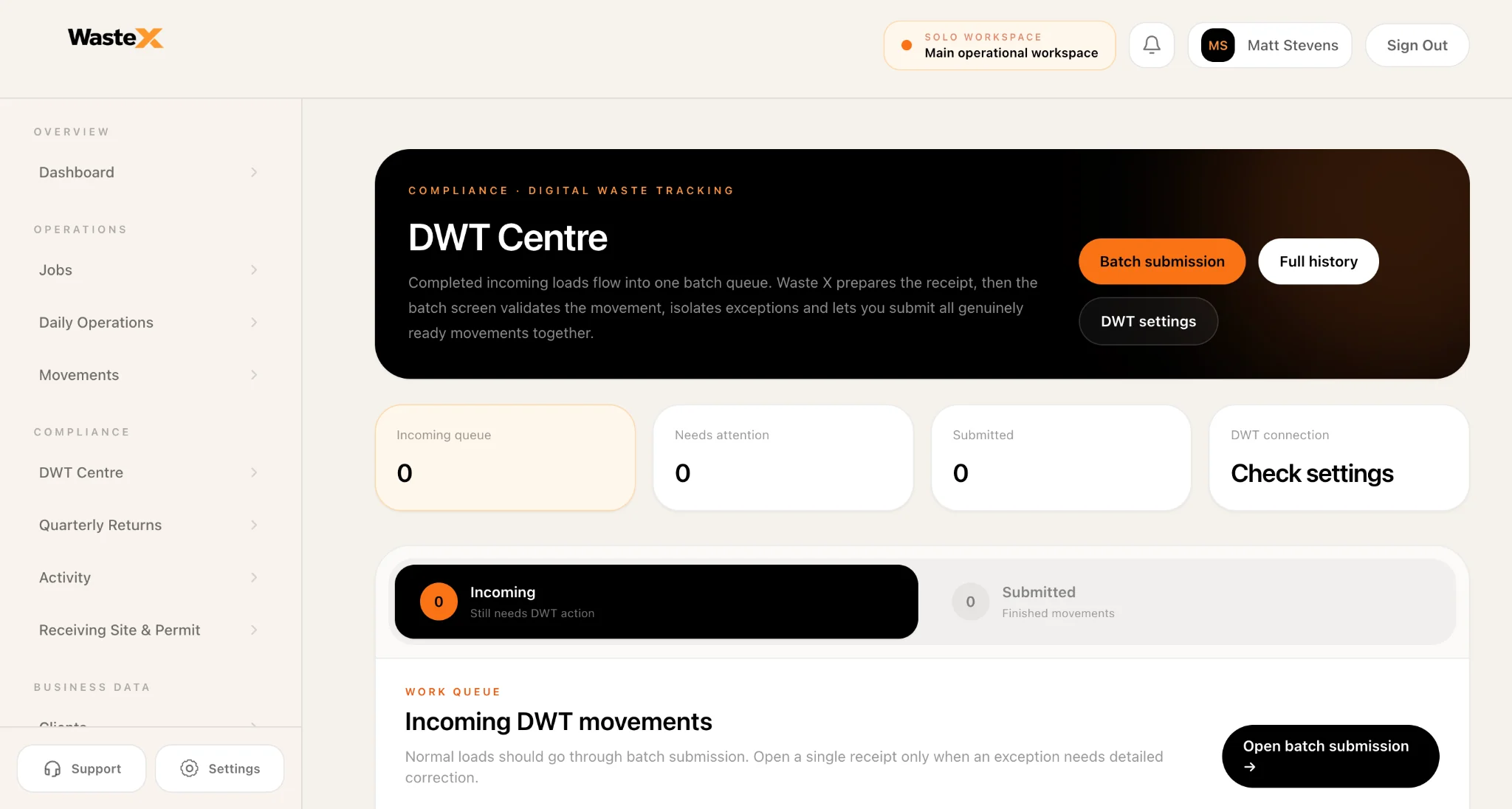 Waste X DWT Centre for Digital Waste Tracking receipt submissions