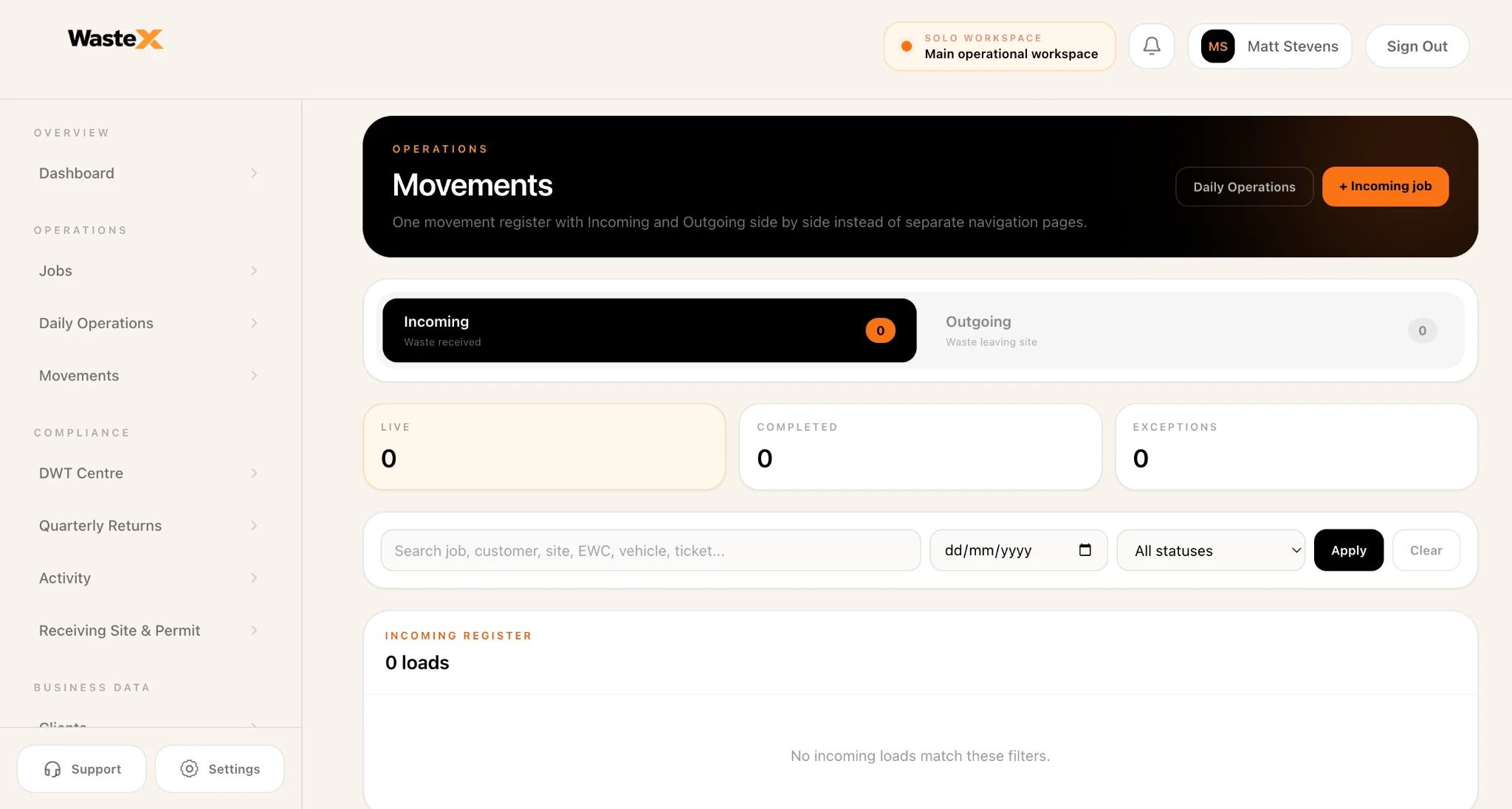 Waste X incoming and outgoing movement register